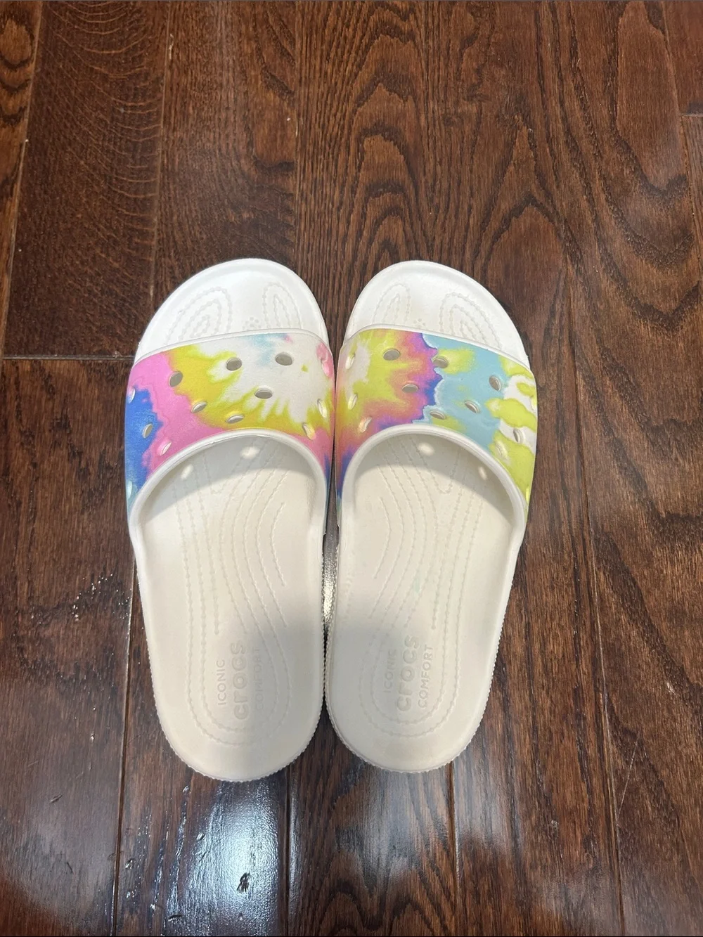 CROCS Kids White Slides with Rainbow Tie-Dye Strap